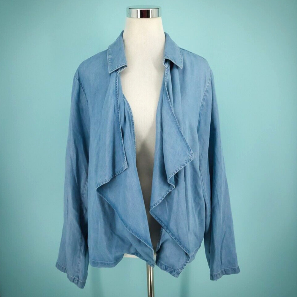 Soft Surroundings Plus Size 2X Chambray Fontanne Ruffle Open Long Sleeve Jacket
